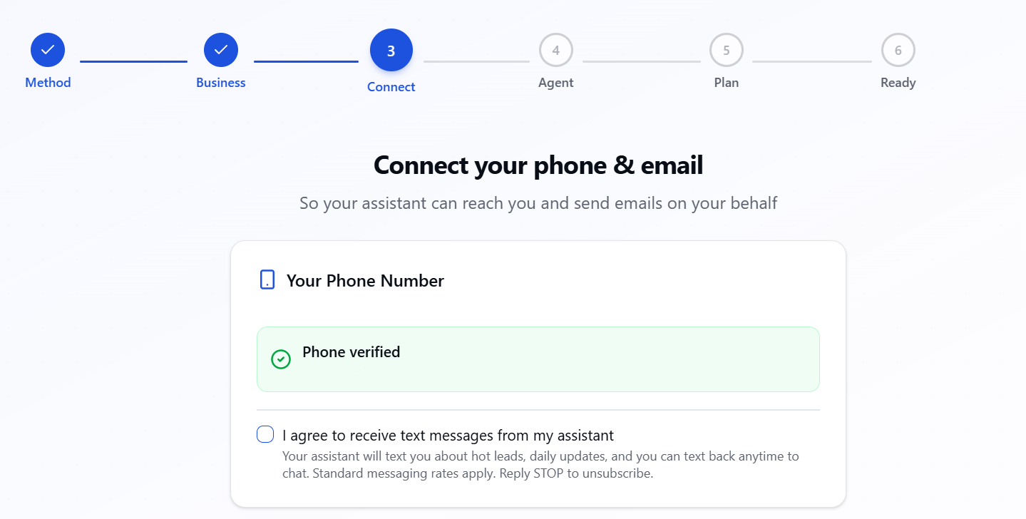 LeadClaw onboarding Step 3 — phone verification and SMS consent checkbox